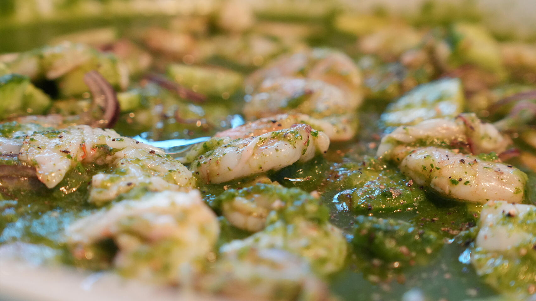 Imported shrimps from Latin America. Cured in lemon juice and fresh jalapeño and coriander.